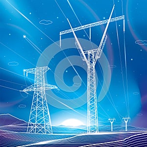 High voltage transmission systems. Electric pole. Neon glow. Night landscape. Power lines. Network of interconnected electrical. W